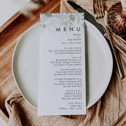 Greenery and Gold Leaf Wedding Dinner Menu