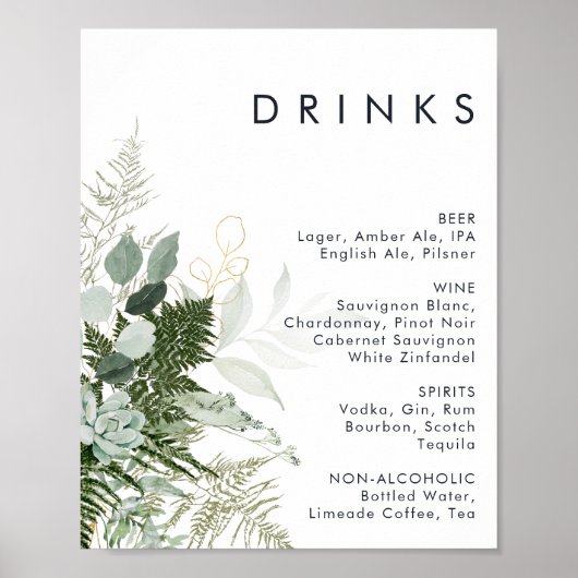 Greenery and Gold Leaf Wedding Drink Menu Poster (Voorkant)