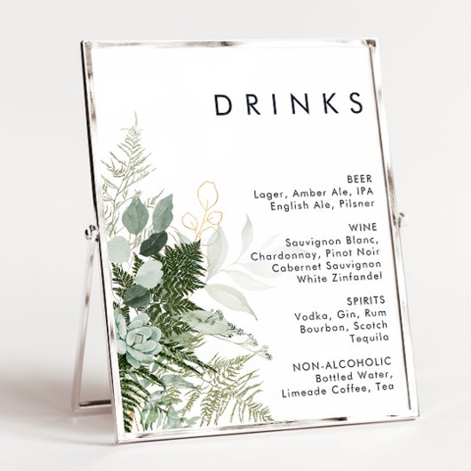 Greenery and Gold Leaf Wedding Drink Menu Poster