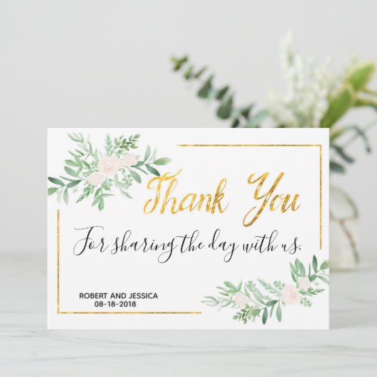 Greenery and Gold Simple Weddenschap Hartelijk dan Bedankkaart (Staand voorkant)