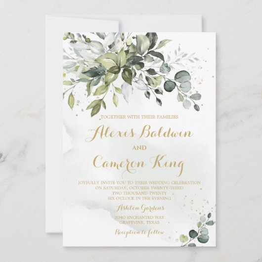 Greenery and Gold Waterverf Wedding Invitation Kaart (Voorkant)