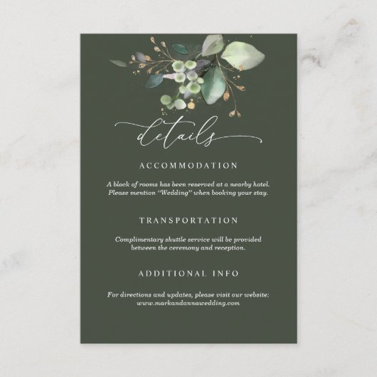 Greenery and Gold Wedding Details Card Informatiekaartje (Voorkant)