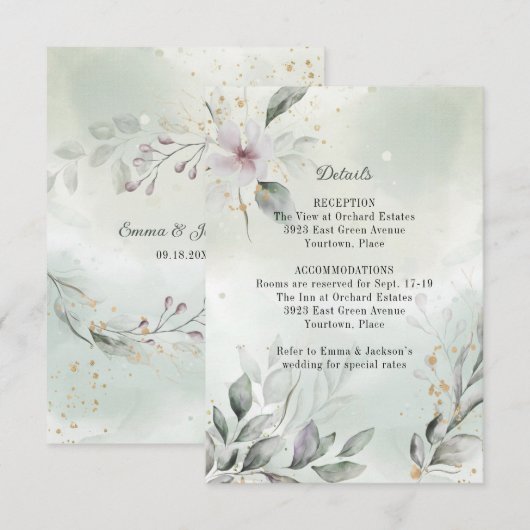 Greenery and Gold Wedding Enclosure Insert Kaart (Voorkant / Achterkant)