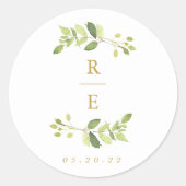 Greenery and Gold Wedding Initiaal Ronde Sticker (Voorkant)