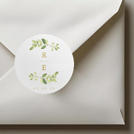 Greenery and Gold Wedding Initiaal Ronde Sticker