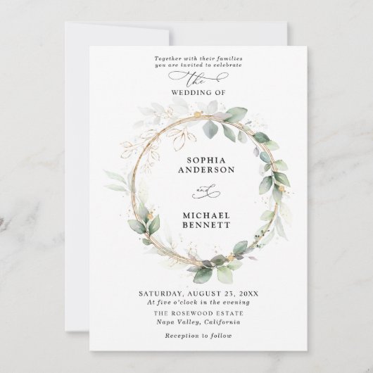 Greenery and Gold Wedding Invitation Kaart (Voorkant)