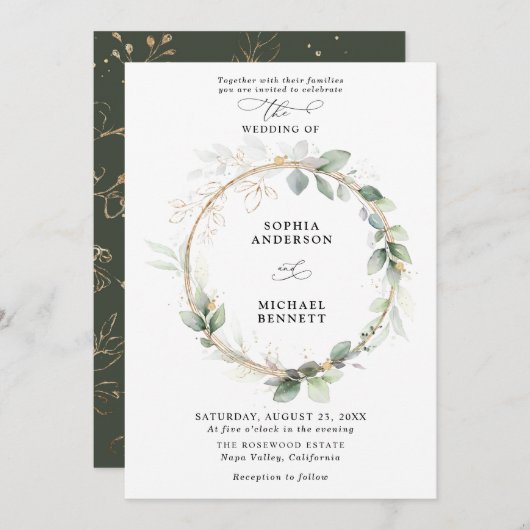 Greenery and Gold Wedding Invitation Kaart (Voorkant / Achterkant)