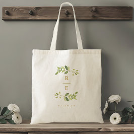 Greenery and Gold Wedding Monogram Tote Bag