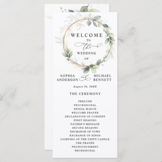 Greenery and Gold Wedding Program Programmakaart (Voorkant / Achterkant)