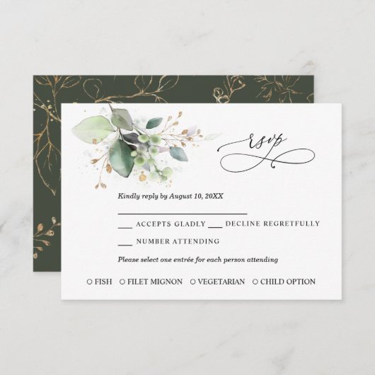 Greenery and Gold Wedding RSVP Card (Voorkant / Achterkant)
