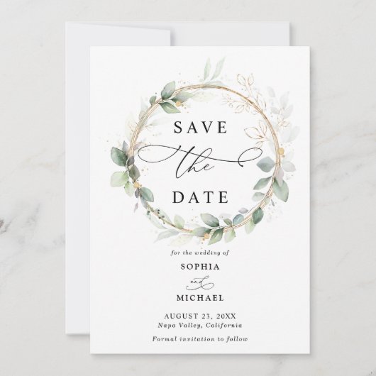 Greenery and Gold Wedding Save the Date Invitation Kaart (Voorkant)