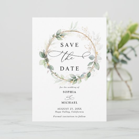 Greenery and Gold Wedding Save the Date Invitation Kaart (Staand voorkant)