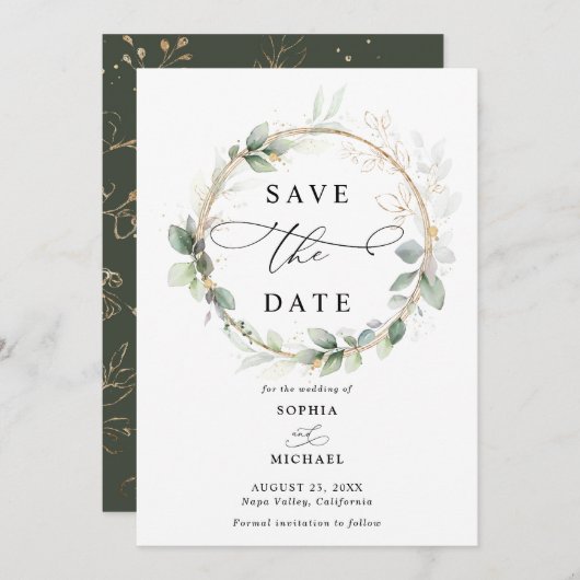 Greenery and Gold Wedding Save the Date Invitation Kaart (Voorkant / Achterkant)