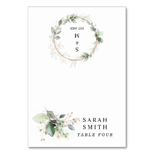 Greenery and Gold Wedding Table Place Card Kaart (Voorkant)