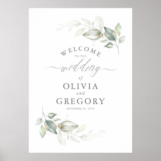 Greenery and Gold Wreath Elegant Wedding Welcome Poster (Voorkant)