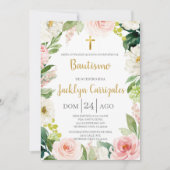 Greenery and pink floral baptism invite kaart (Voorkant)