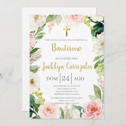 Greenery and pink floral baptism invite kaart (Voorkant / Achterkant)