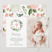 Greenery and Pink Floral Waterverf Baptism Foto Bedankkaart (Voorkant / Achterkant)