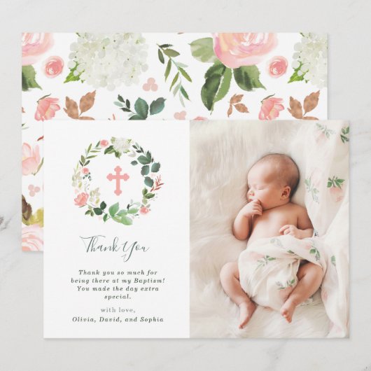 Greenery and Pink Floral Waterverf Baptism Foto Bedankkaart (Voorkant / Achterkant)