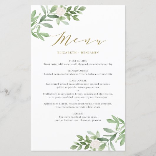 Greenery and White Floral Gold Wedding Menu Card (Voorkant)