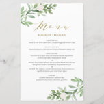 Greenery and White Floral Gold Wedding Menu Card<br><div class="desc">Voeg een greenery accent toe aan uw tabelkapje met deze aanpasbare greenery menukaart. Het is voorzien van illustraties van de waterverf en van een patroon van bladeren en witte bloemen. Deze bloemenmenukaart is perfect voor lente- en tuinbruiloften en andere evenementen.</div>