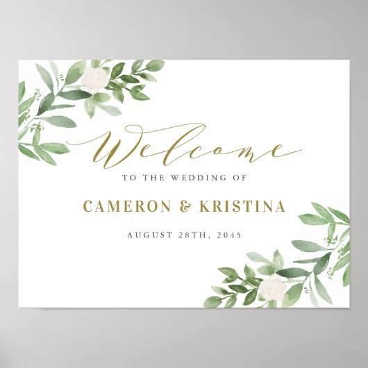 Greenery and White Floral Gold Wedding Welcome Poster (Voorkant)