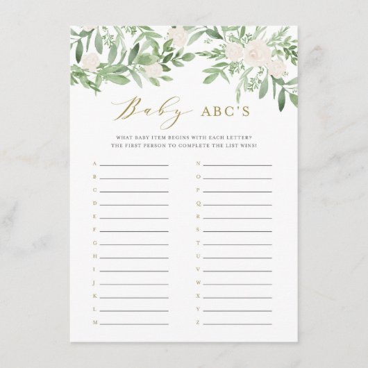 Greenery and White Flowers Baby shower ABC Game Informatiekaartje (Voorkant)