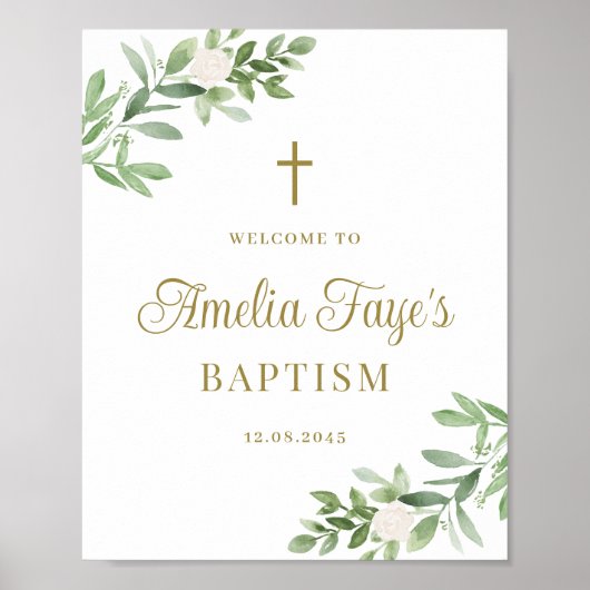 Greenery and White Flowers Baptism Welcome Poster (Voorkant)