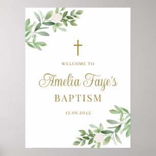 Greenery and White Flowers Baptism Welcome Poster
