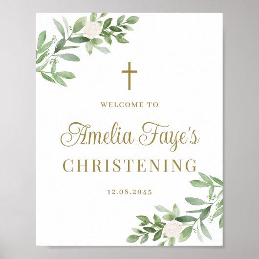 Greenery and White Flowers Christening Welcome Poster (Voorkant)