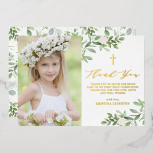 Greenery and White Flowers First Heilige Communie Folie Feestdagenkaart