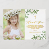 Greenery and White Flowers First Heilige Communie Folie Feestdagenkaart (Voorkant)