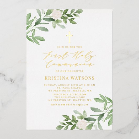 Greenery and White Flowers First Heilige Communie Folie Uitnodiging (Voorkant)