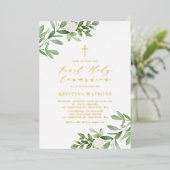 Greenery and White Flowers First Heilige Communie Folie Uitnodiging (Staand Voorkant)