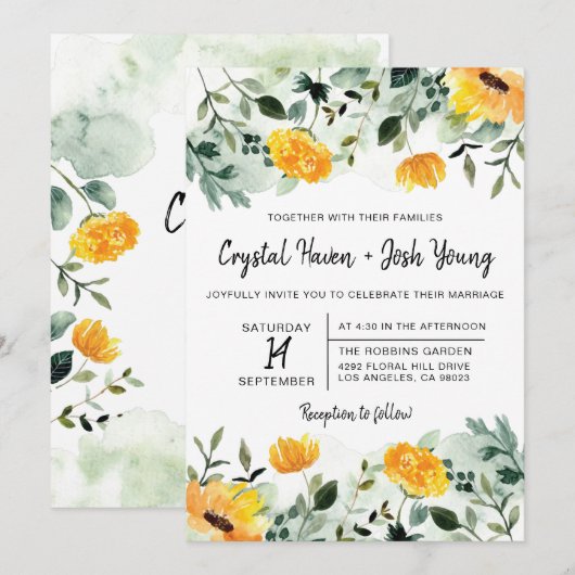 Greenery and Yellow Herfst Floral Wedding Invitati Kaart (Voorkant / Achterkant)