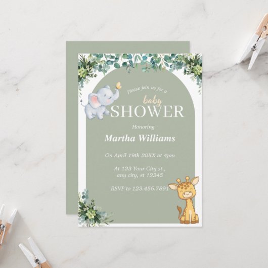 Greenery Animal Neutral Baby shower Kaart (Voorkant / Achterkant in situ)
