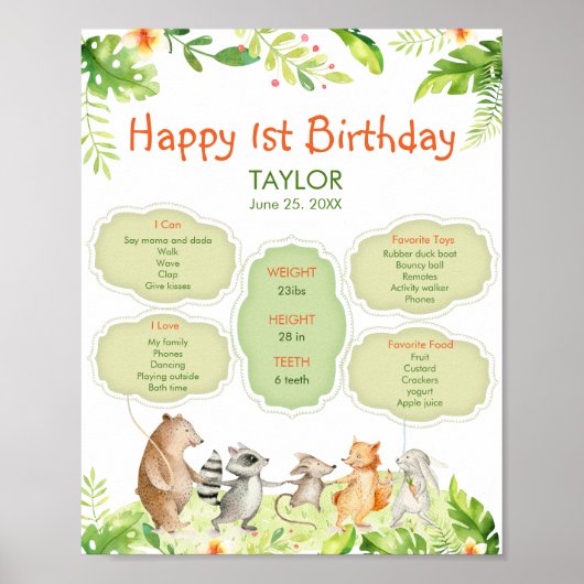 Greenery Animals Friends Party Happy Birthday Poster (Voorkant)