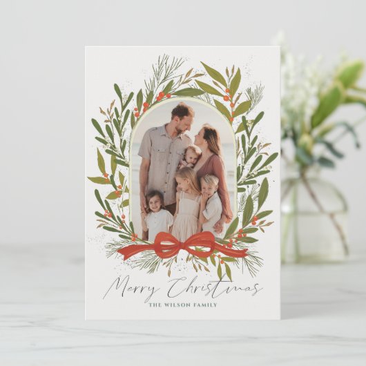 Greenery Arch Bow Cream 2 Foto Kerstmis Feestdagenkaart (Staand voorkant)