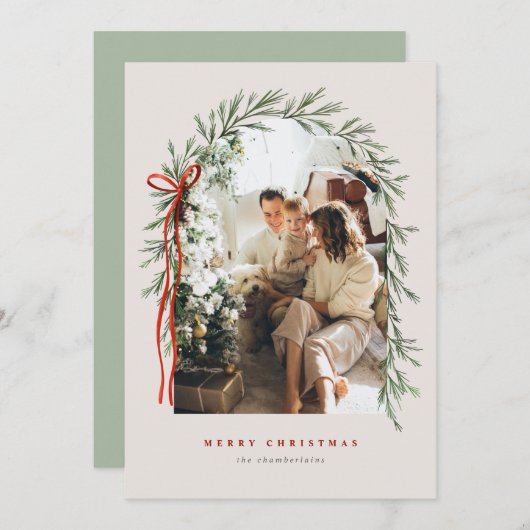 Greenery Arch & Bow Elegant Ivoor Foto Kerstmis Feestdagenkaart (Voorkant / Achterkant)