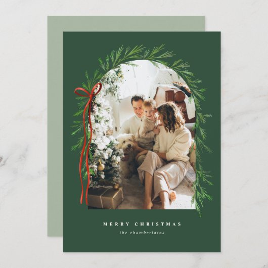 Greenery Arch & Bow Elegante Kerstfoto Feestdagenkaart (Voorkant / Achterkant)