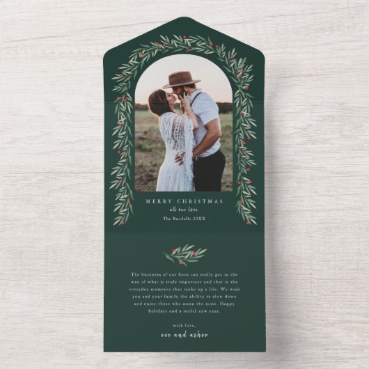 Greenery Arch Elegant Foto Kerstfeestdag All In One Uitnodiging (Binnen)