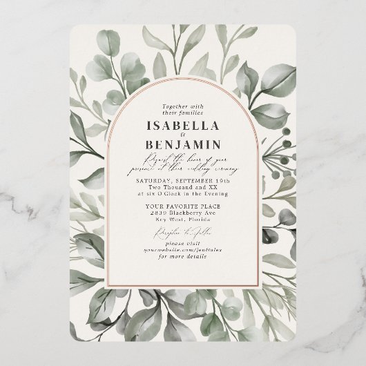 Greenery Arch Eucalyptus Ivory Wedding Roos Gold Folie Uitnodiging (Voorkant)