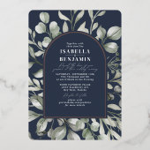 Greenery Arch Eucalyptus Navy Wedding Roos Gold Folie Uitnodiging (Voorkant)