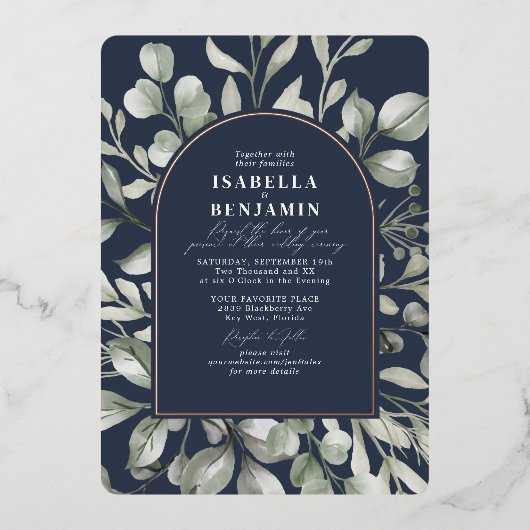Greenery Arch Eucalyptus Navy Wedding Roos Gold Folie Uitnodiging (Voorkant)