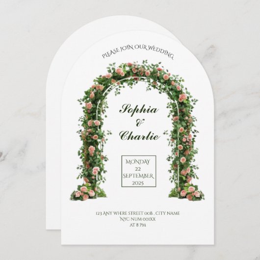 greenery arch flowers romantic wedding invitation kaart (Voorkant / Achterkant)