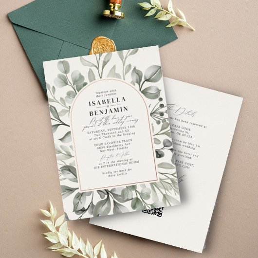 Greenery Arch Ivoor RSVP QR Code Bruiloft Roos Gou Folie Uitnodiging
