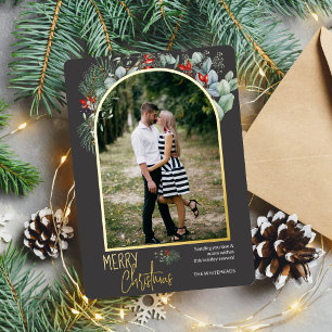 Greenery Arch Merry kerstfoto Donkergrijs Folie Feestdagenkaart