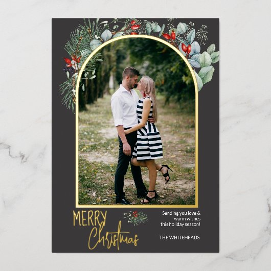 Greenery Arch Merry kerstfoto Donkergrijs Folie Feestdagenkaart (Voorkant)