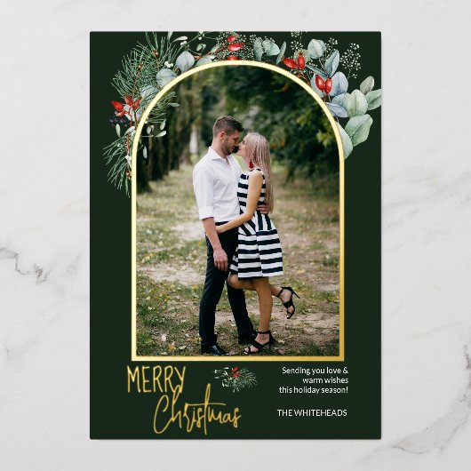 Greenery Arch Merry kerstfoto Green Folie Feestdagenkaart (Voorkant)