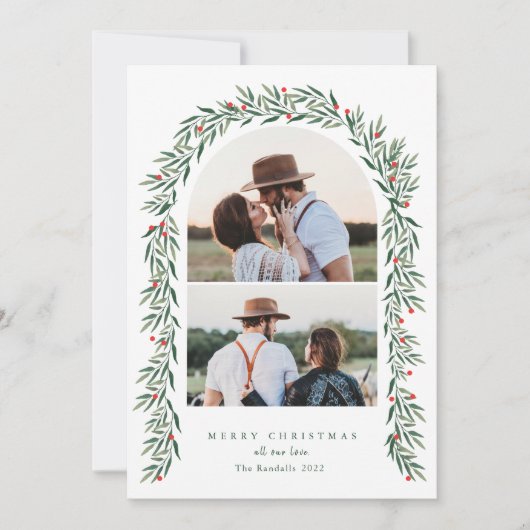 Greenery Arch Modern Script 2 Photo Christmas Feestdagenkaart (Voorkant)